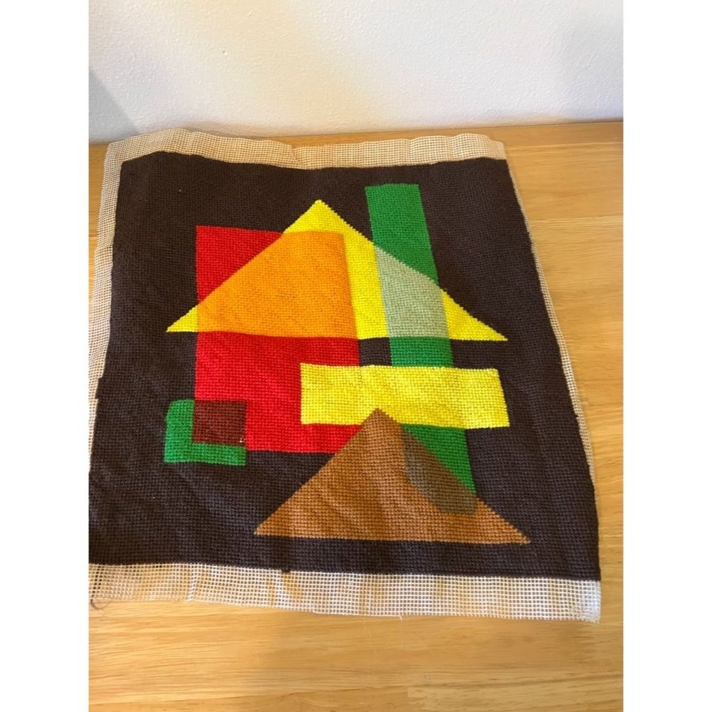 Dark Brown Geometric Needlepoint Canvas with Red,Yellow, Green and Brown Accents